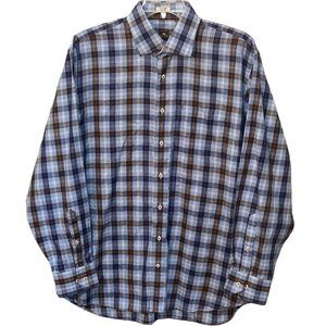 Peter Millar 100% Cotton Blue/Brown Plaid Long Sleeve Button Down Shirt‎ Size XL